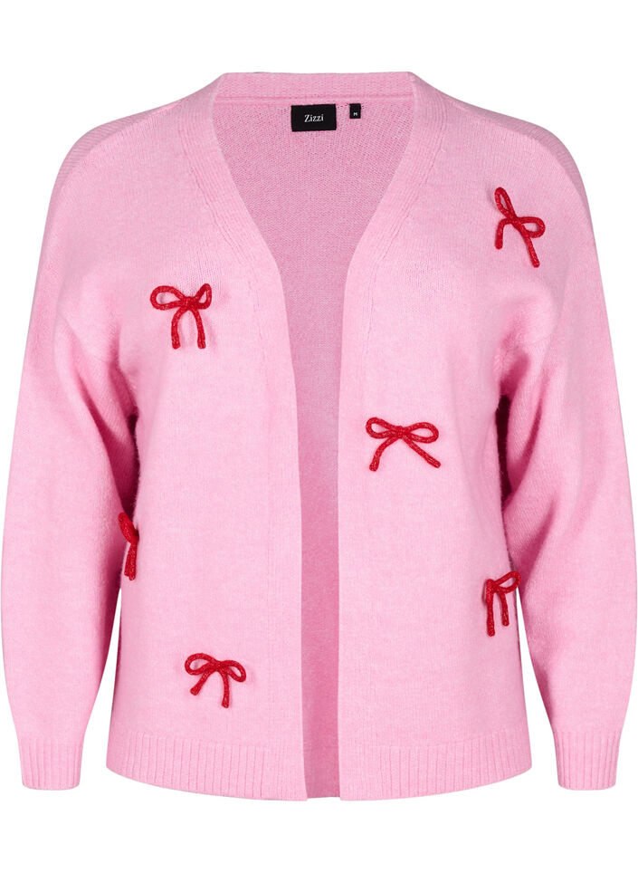 Korte gebreide cardigan met strikken, Begonia Pink Comb, Packshot image number 0