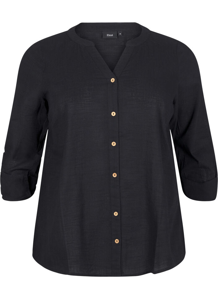 Katoenen blouse met een V-hals, Zwart, Packshot image number 0