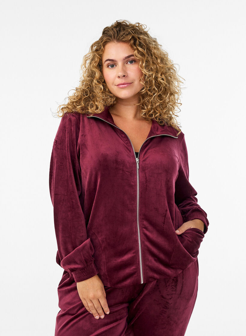 Velour cardigan met ritssluiting en hoge kraag, Donker Bordeaux, Model image number 0