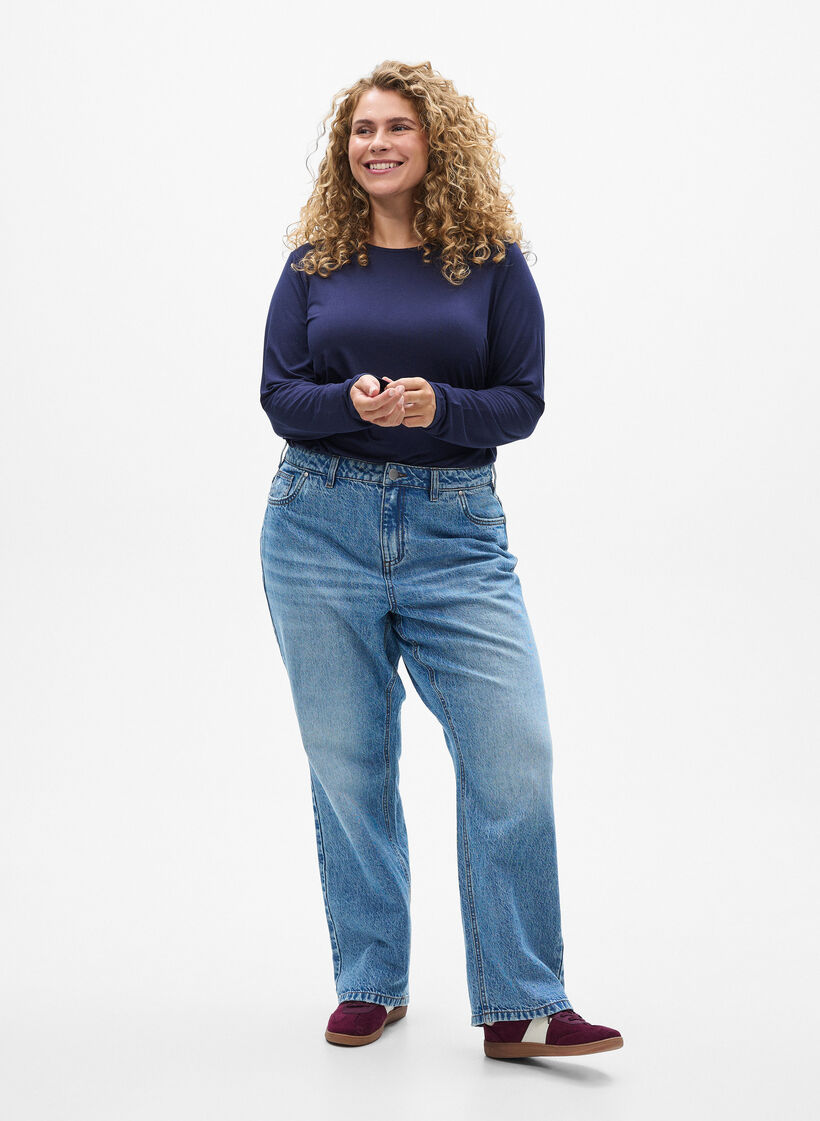 Blouse met lange mouwen in een effen kleur, Blauw, Model image number 1