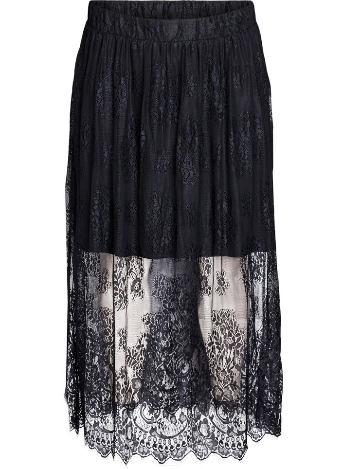 Lange rok van kant met elastische taille, Black, Packshot