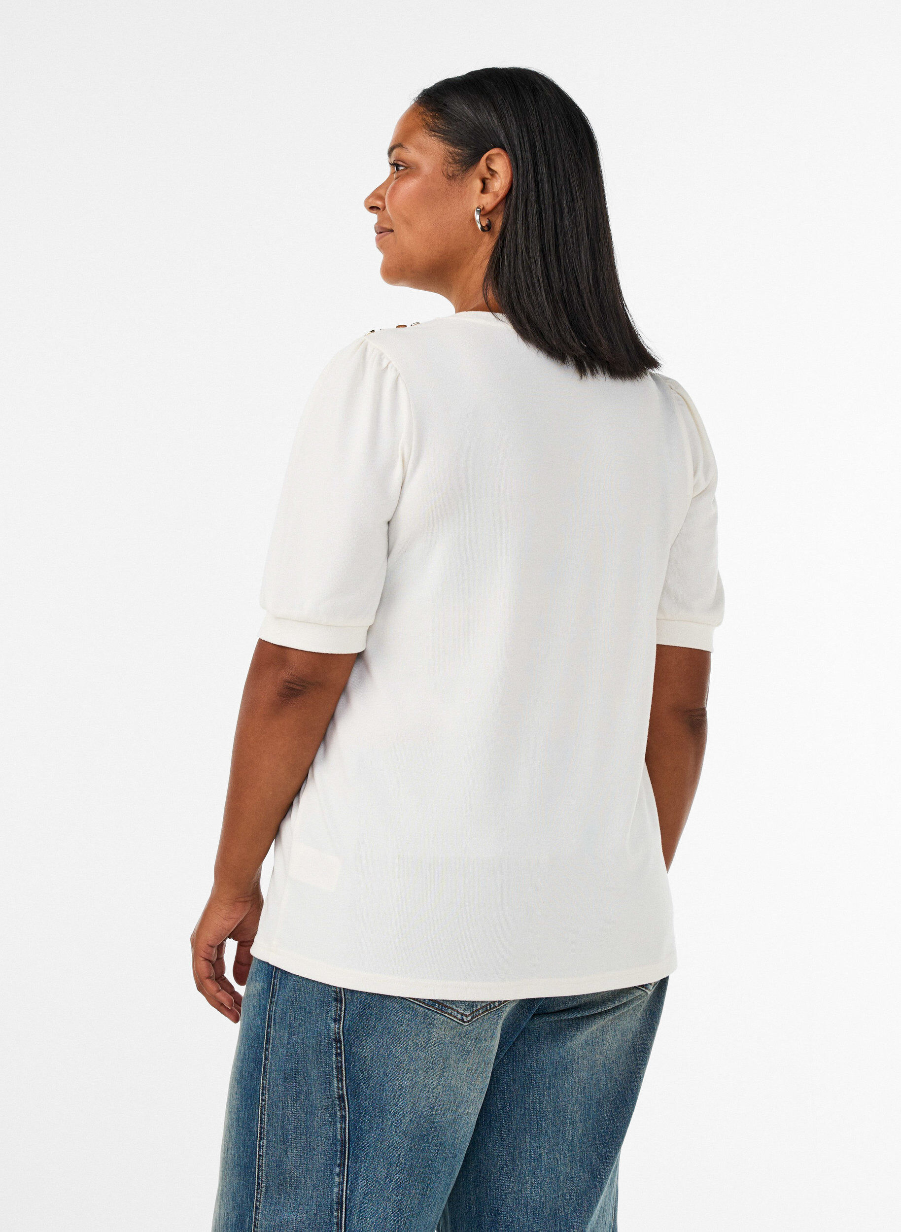ZizziBlouse met knoopdetail en korte pofmouwen, Beige, Model image number 2