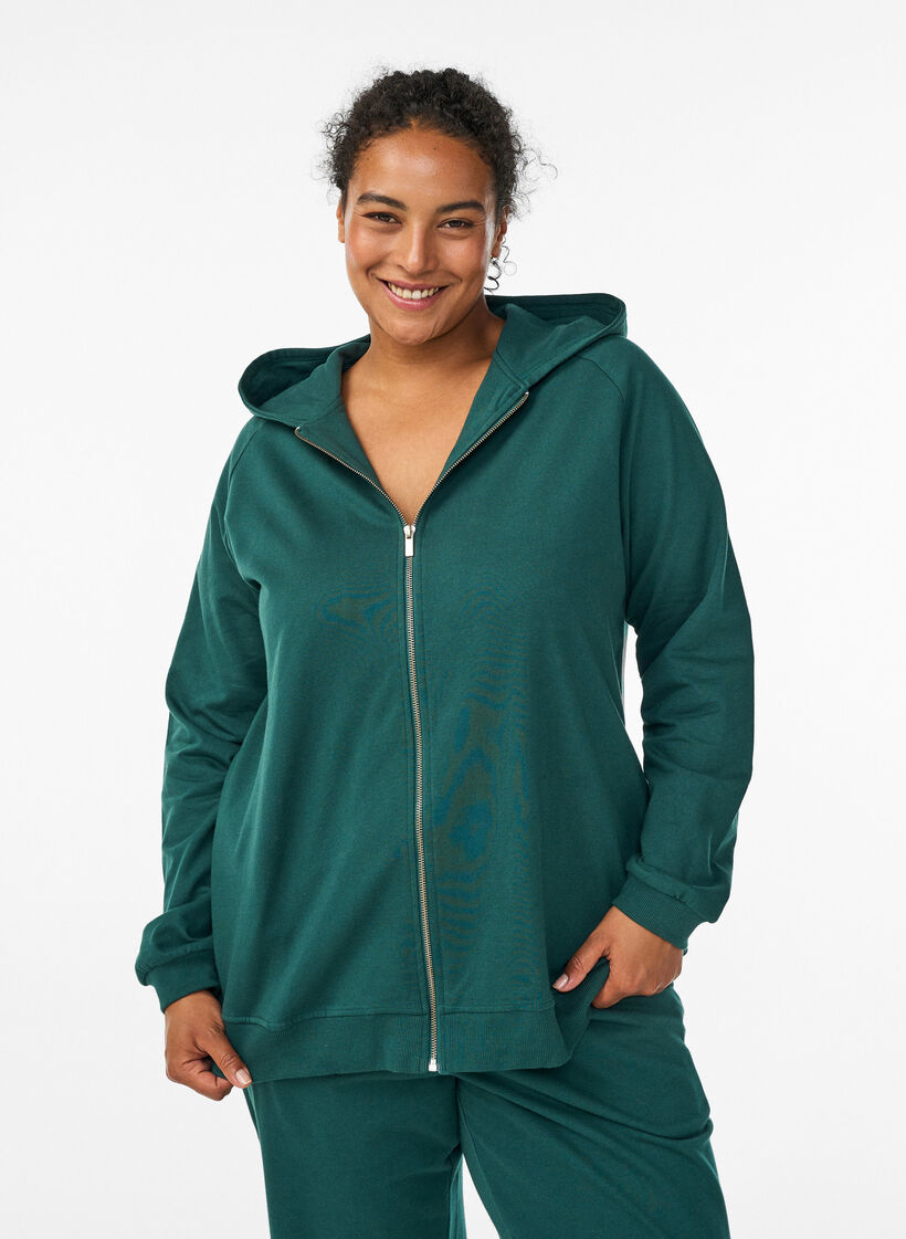Hoodie met ritssluiting en achterkant print, Groen, Model image number 0