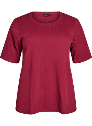 ZizziGeribde jersey blouse met korte mouwen, Donker Bordeaux, Packshot image number 0