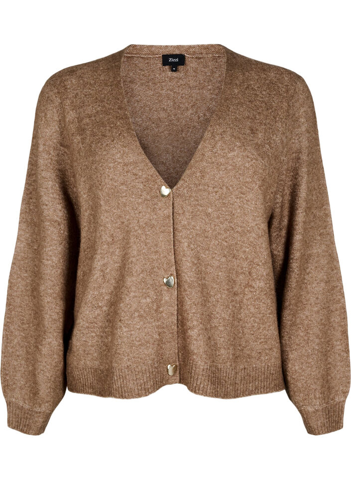 Gebreide cardigan met wol en hartvormige knopen, Fossil Mel., Packshot
