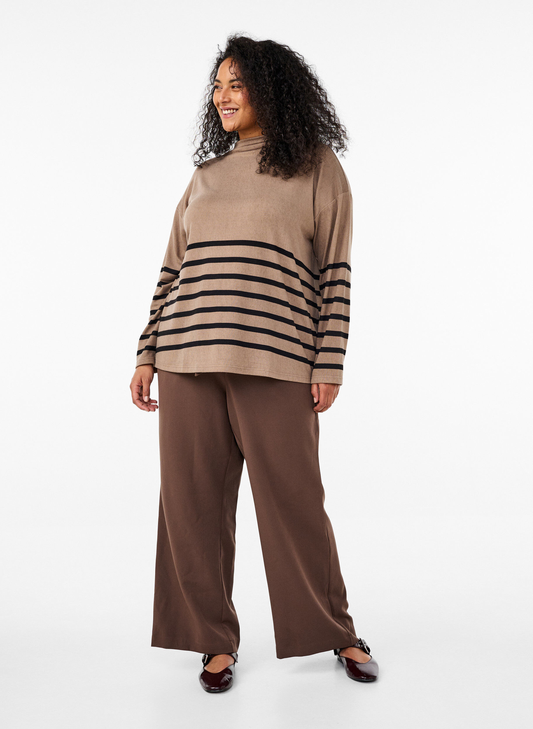 ZizziLuchtige broek met hoge taille en strikriem, Bruin, Model image number 1