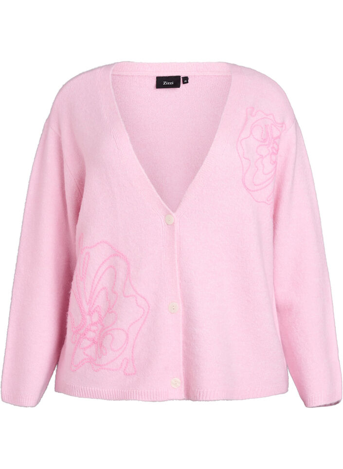 Cardigan met V-hals en geborduurde bloemen, Roze, Packshot image number 0