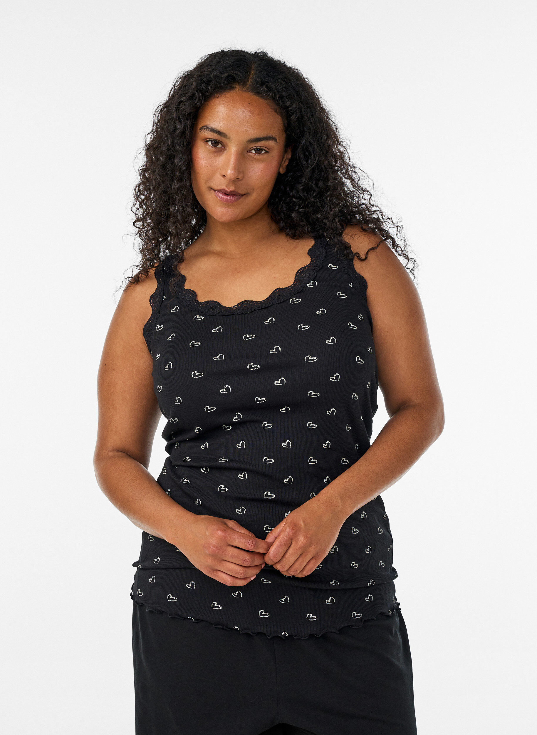 Top met print en kanten rand, Zwart, Model