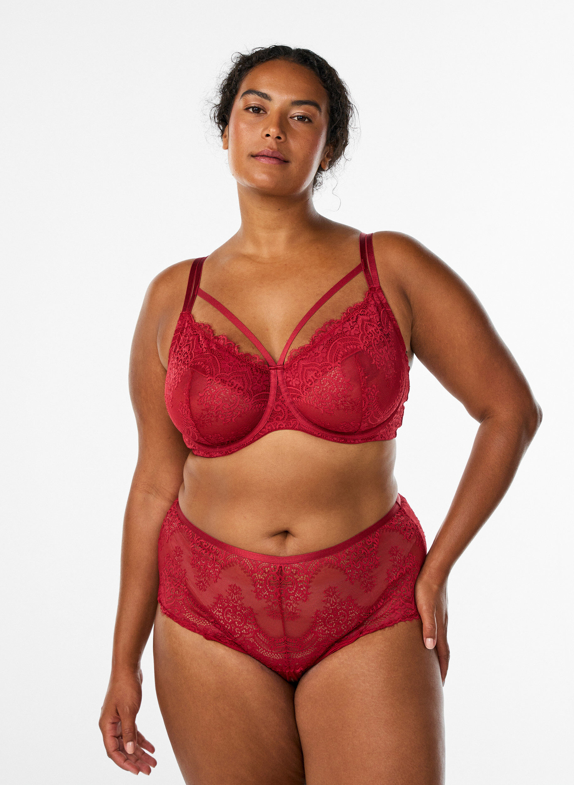 Kanten hipster string met een opening aan de onderkant, Rood, Model