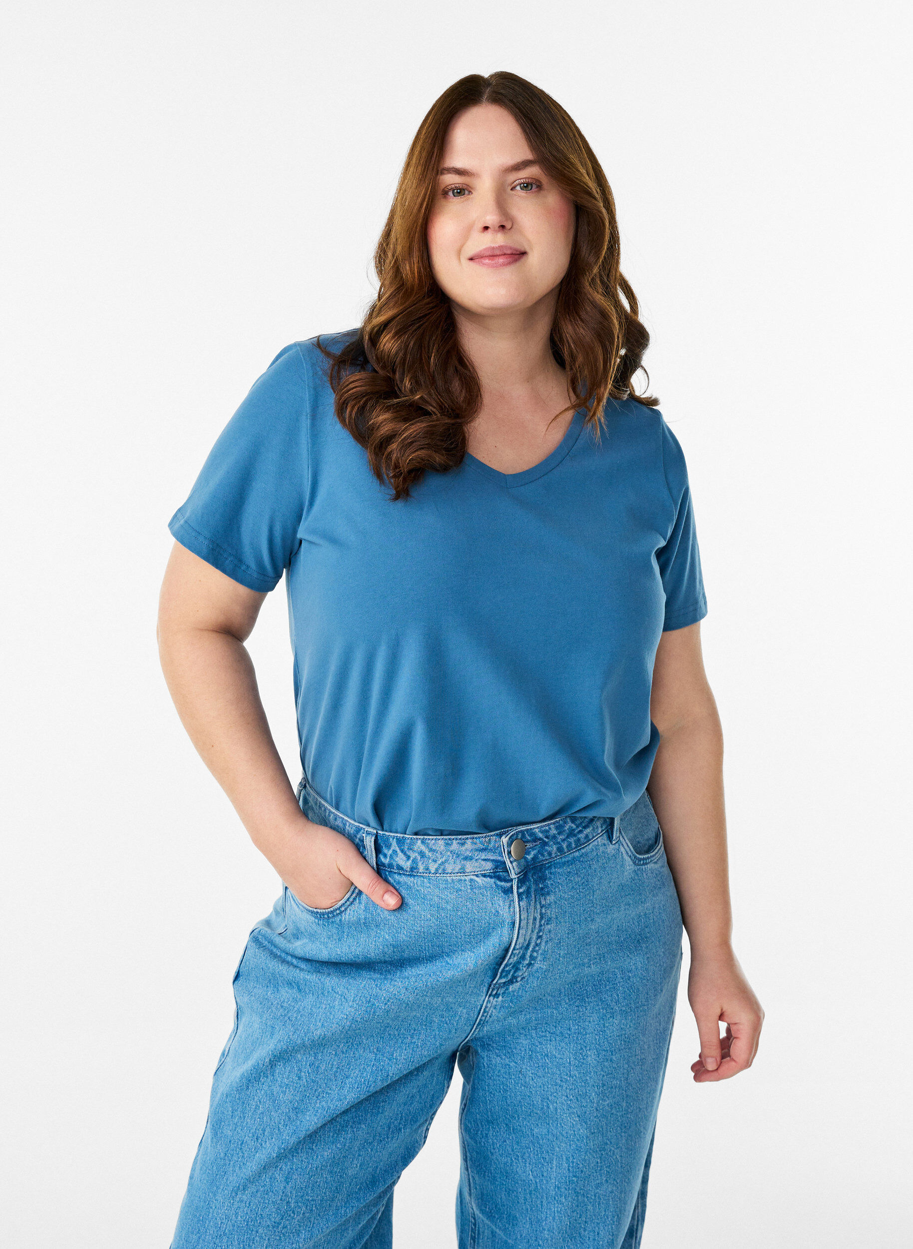 Effen basic katoenen T-shirt, Grijs, Model