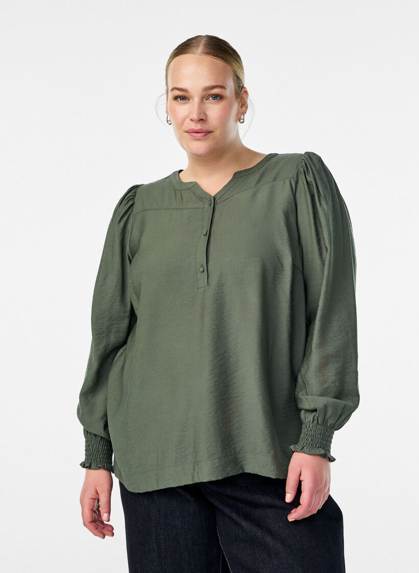 Viscose blouse met smock en geplooide details, Groen, Model image number 0