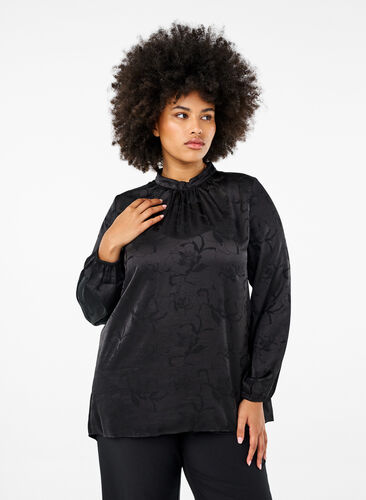 ZizziSatijnen blouse met ton-sur-ton patroon, Black, Model image number 0