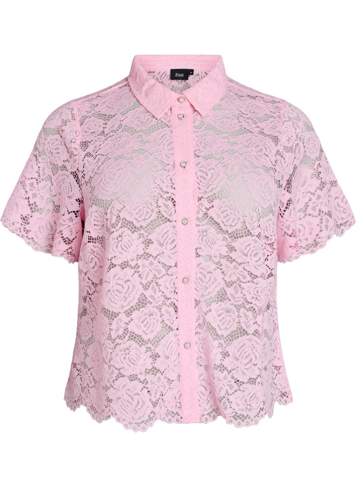 Kanten shirt blouse met parelknopen, Roze, Packshot