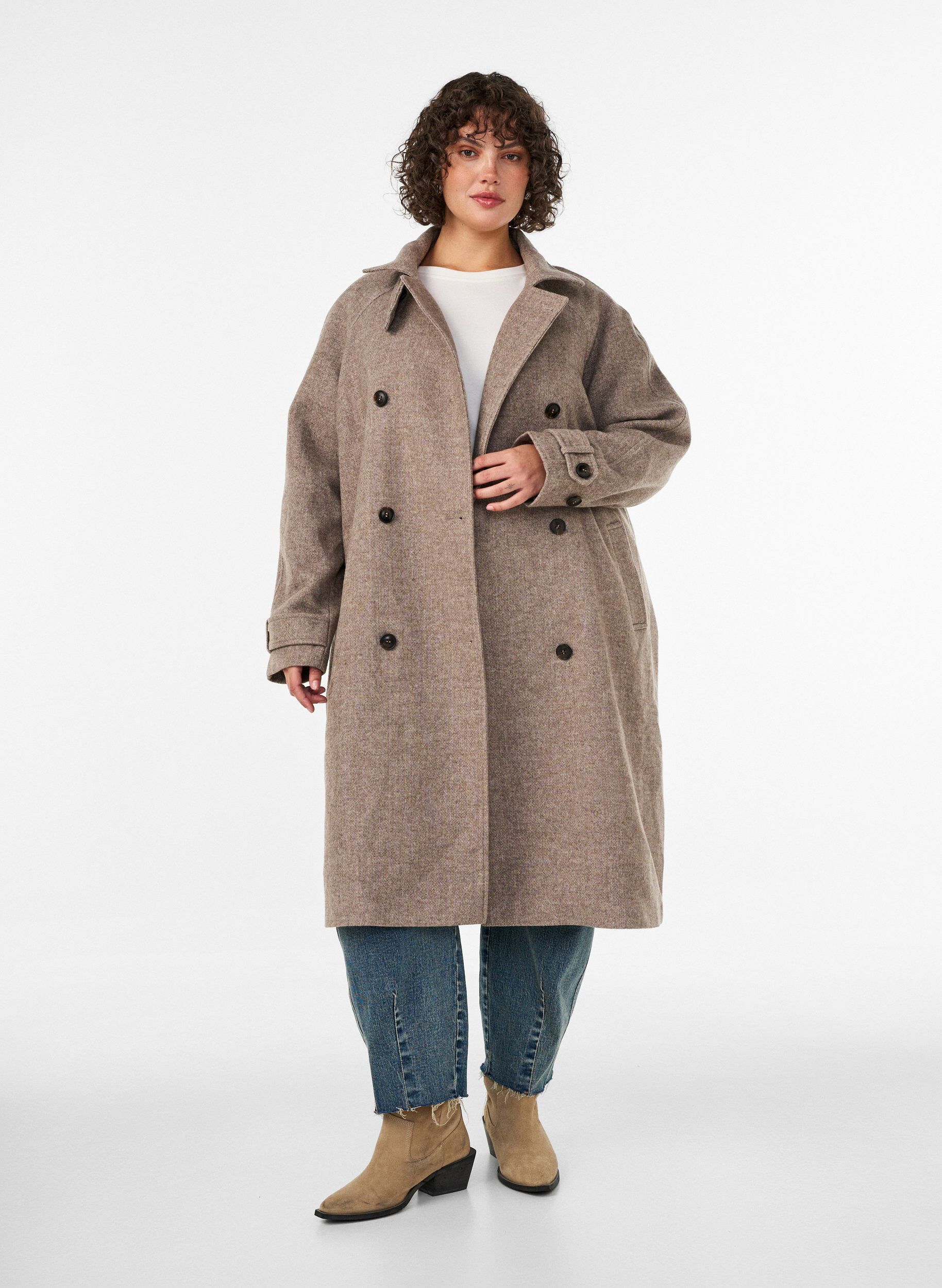 ZizziLange wollen jas met hoge kraag en dubbelzijdig knoopontwerp, Bruin, Model image number 1