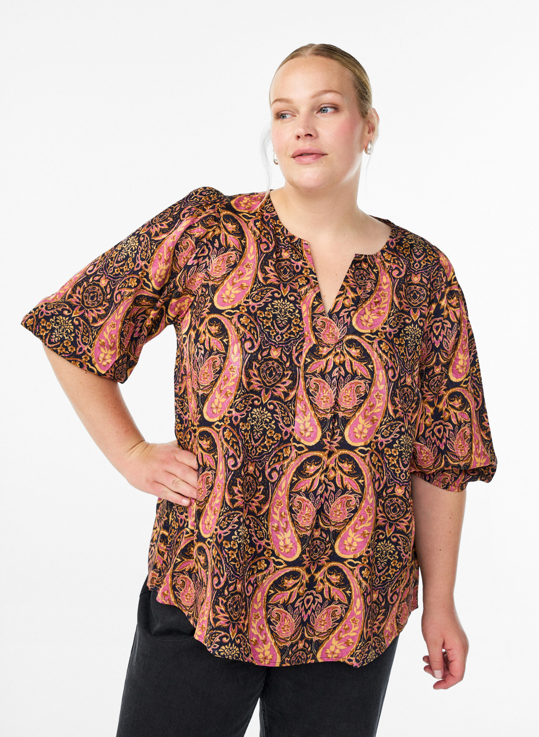 Blouse met paisley print en 3/4 mouwen, Blauw, Model