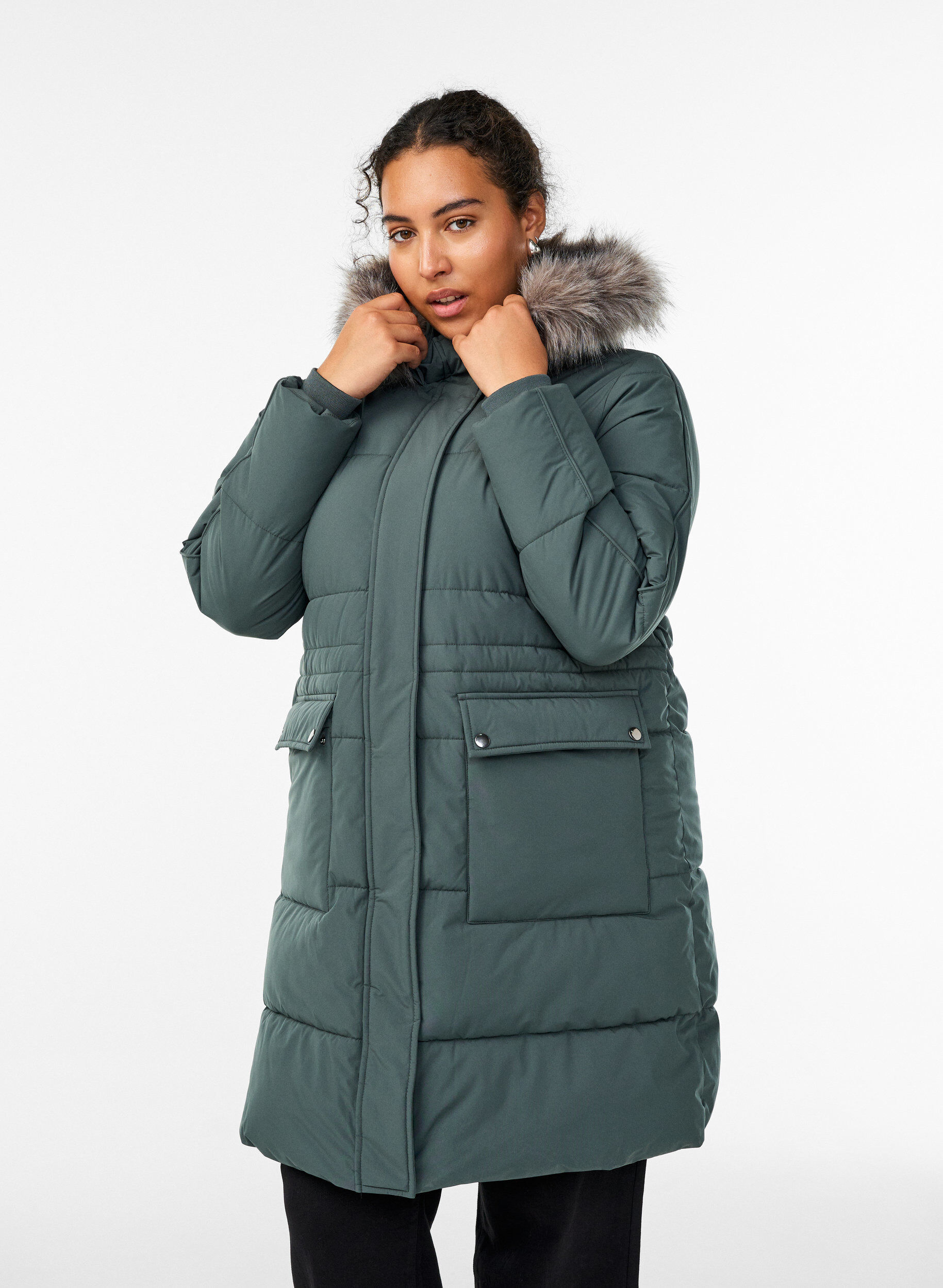 Waterafstotende parka met imitatiebontkraag, Groen, Model