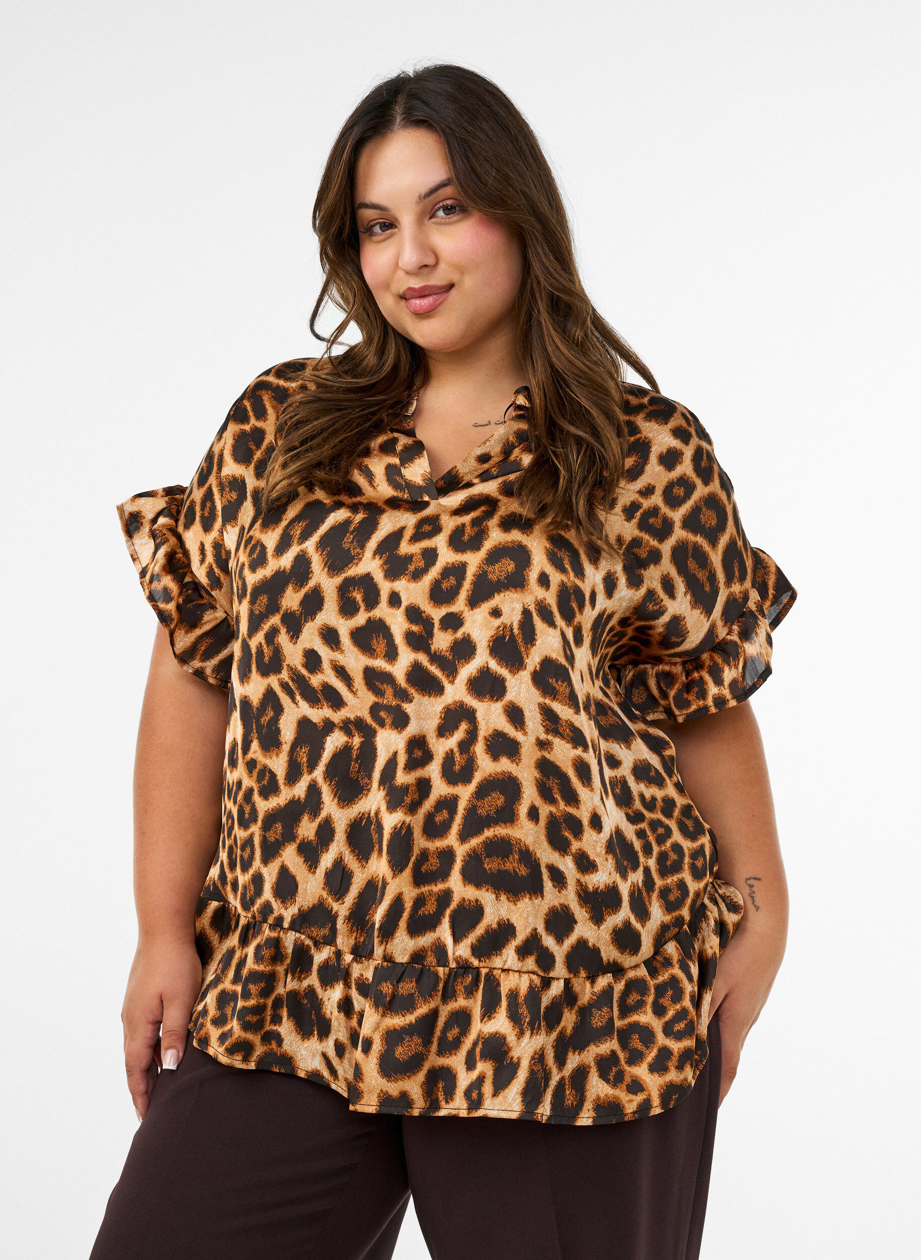 Blouse met luipaardprint en ruches, Bruin, Model