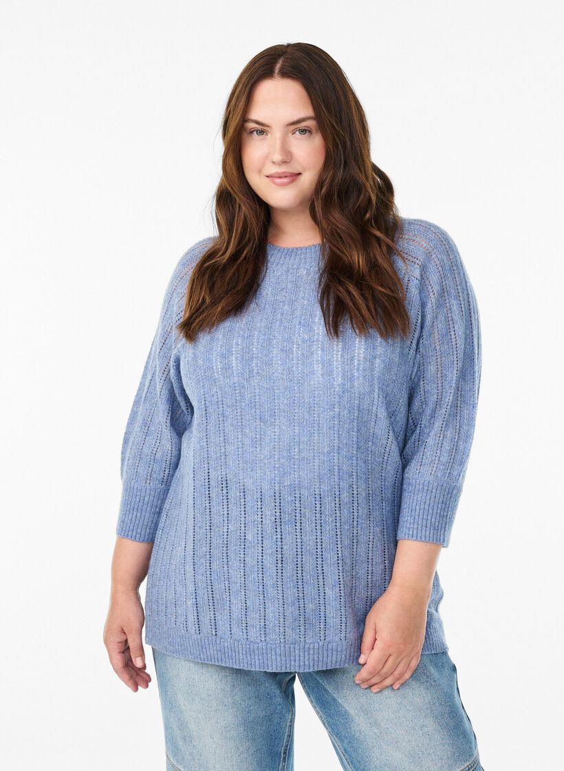 Luchtige knit blouse met 3/4 mouwen en opengewerkt patroon, Blauw, Model image number 0