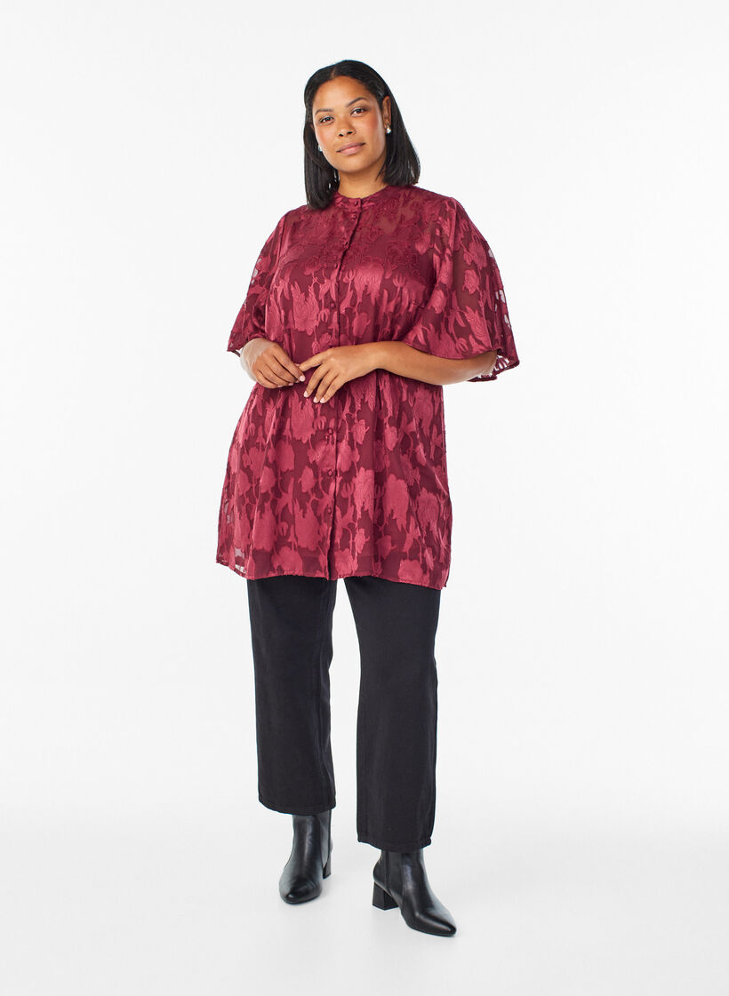 Korte A-lijn jurk met een bloemenpatroon, Donker Bordeaux, Model image number 1