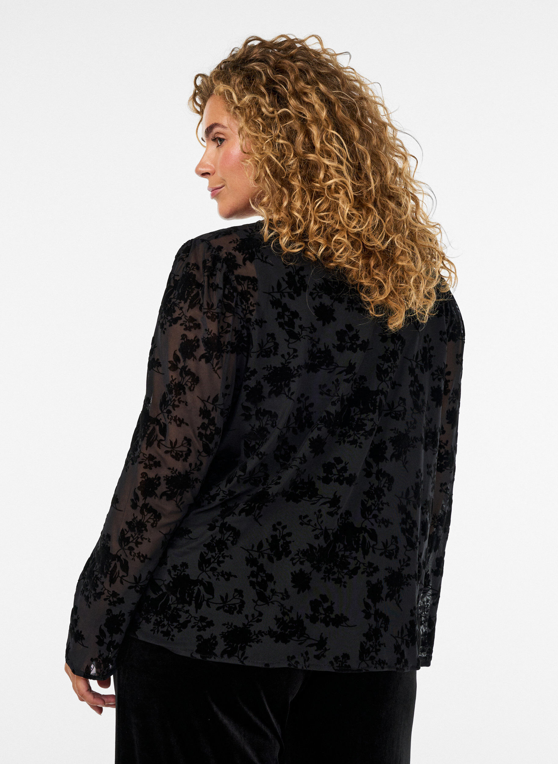 ZizziMesh blouse met bloemenpatroon en open voorkant, Zwart, Model image number 2