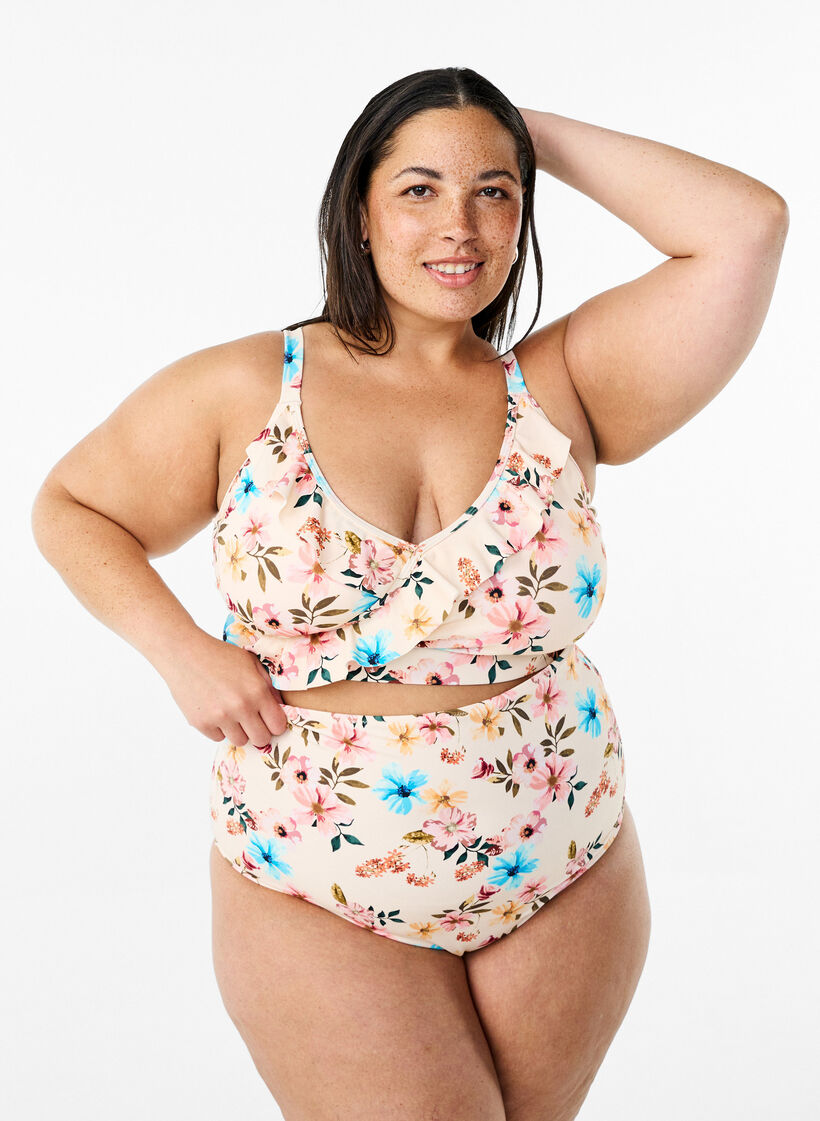 Bikinibroekje met extra hoge taille en bloemenprint, Beige, Model image number 0