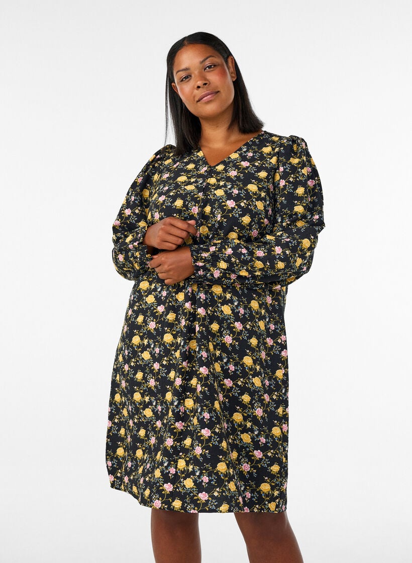 Jurk van viscose met patroon en lange mouwen, Zwart, Model image number 0