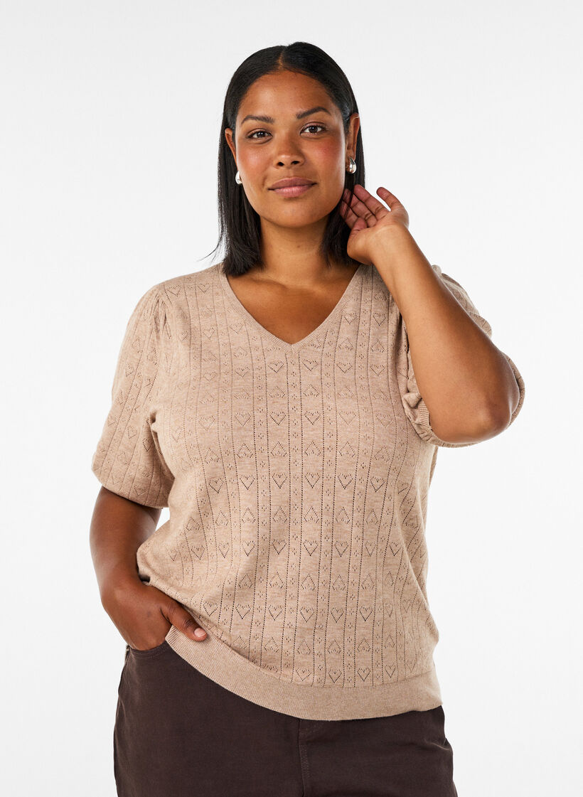 Blouse en maille pointelle &agrave; manches courtes, Beige, Model image number 0