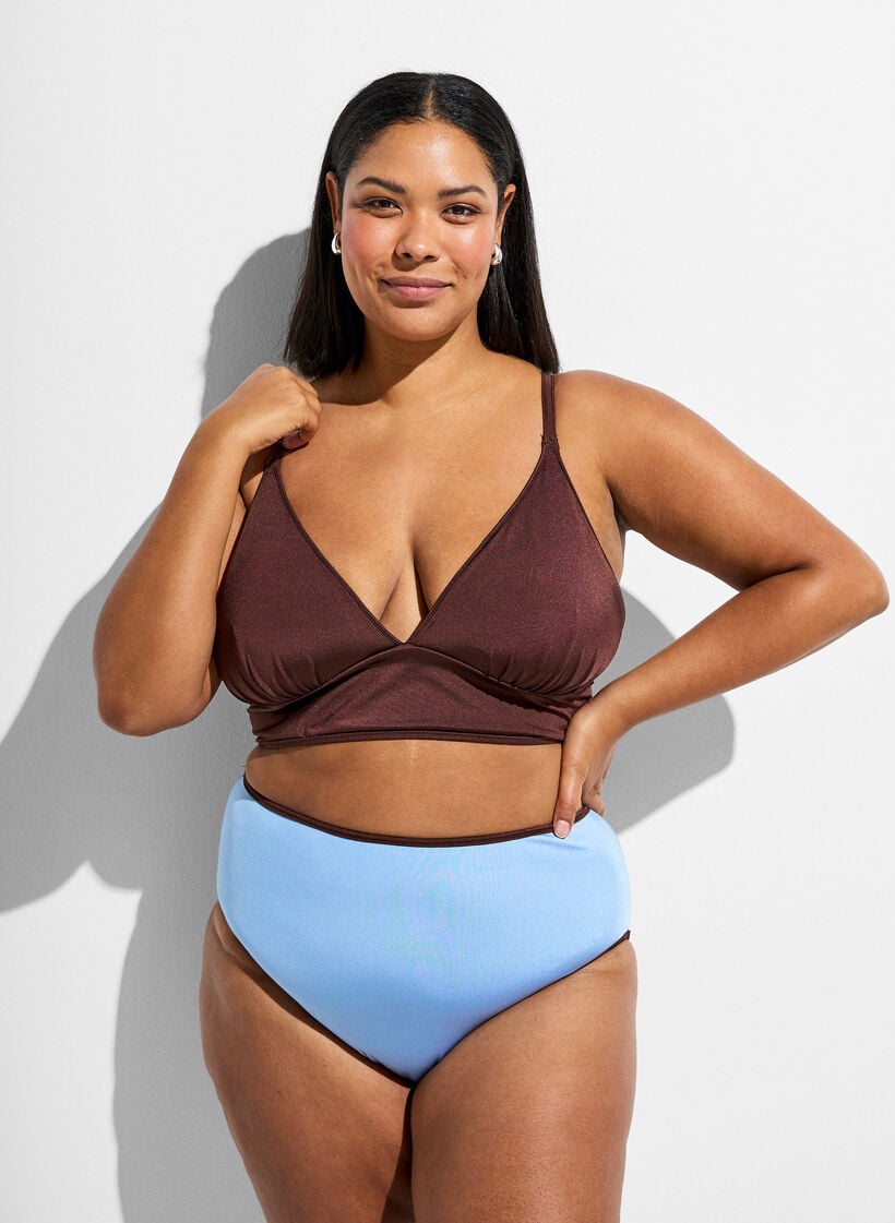 Omkeerbare bikinitop met V-hals en gekruiste bandjes op de rug, Bruin, Model