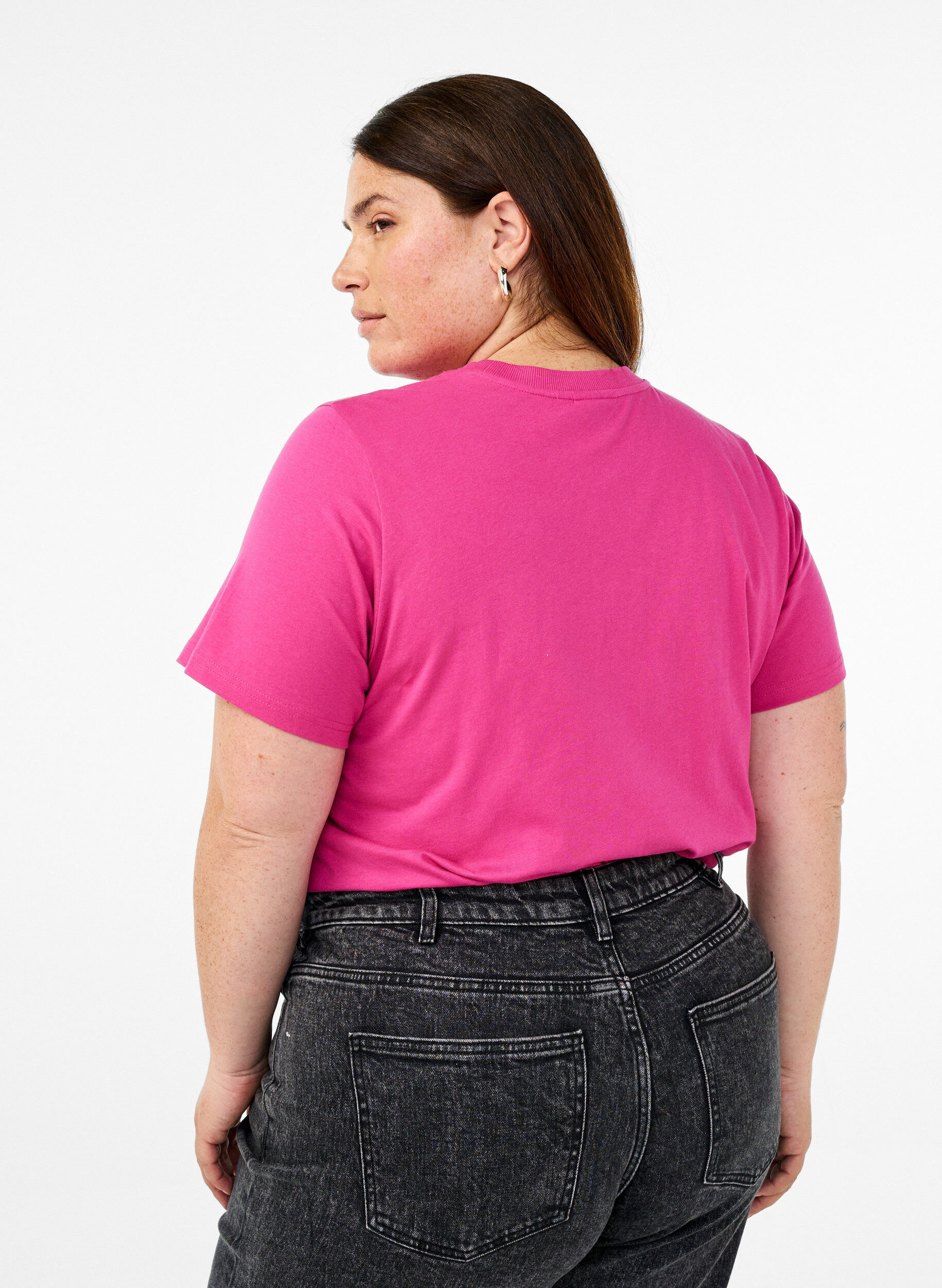 ZizziBasic katoenen T-shirt met ronde hals, Roze, Model image number 2