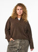 Gebreide blouse met kraag en V-hals, Bruin, Model image number 0