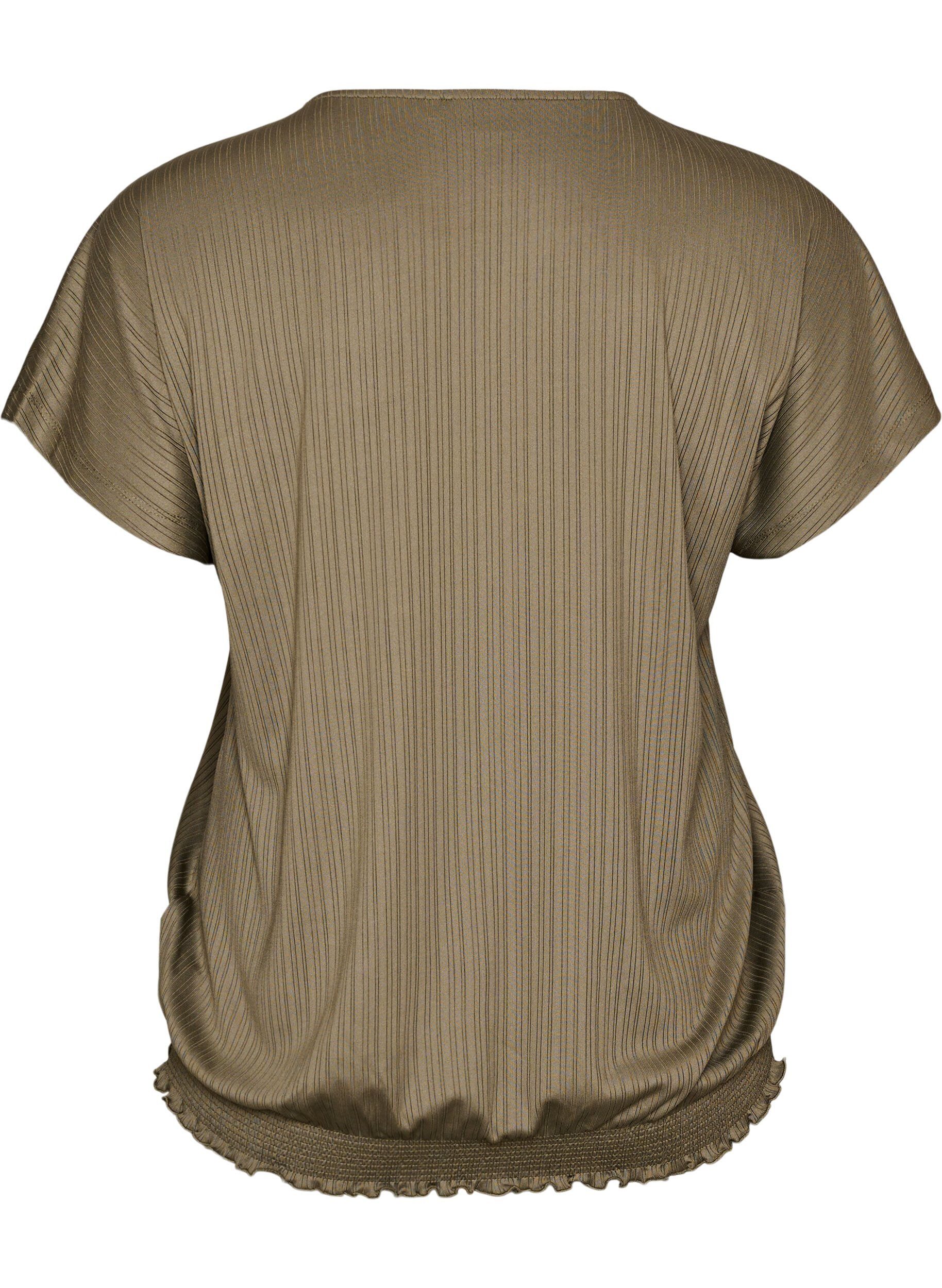 ZizziJersey blouse met gestructureerde strepen en een gesmokte zoom, Bruin, Packshot image number 1