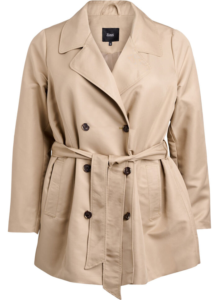 Korte trenchcoat met riem, Beige, Packshot image number 0