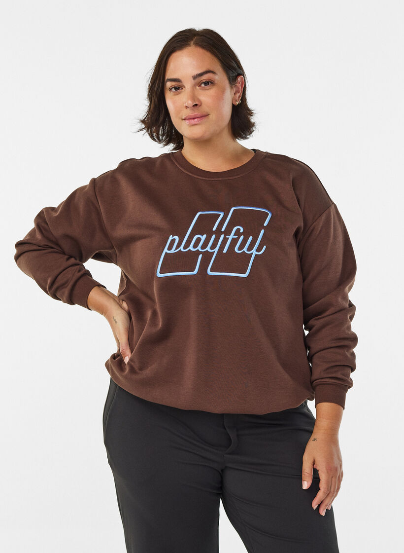 Sweatshirt met geborduurde tekst, Bruin, Model image number 0