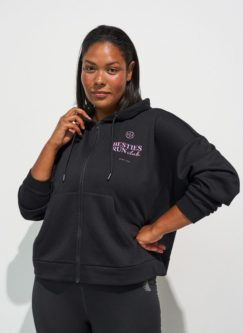 Hoodie met ritssluiting en borstprint, Zwart, Model image number 0