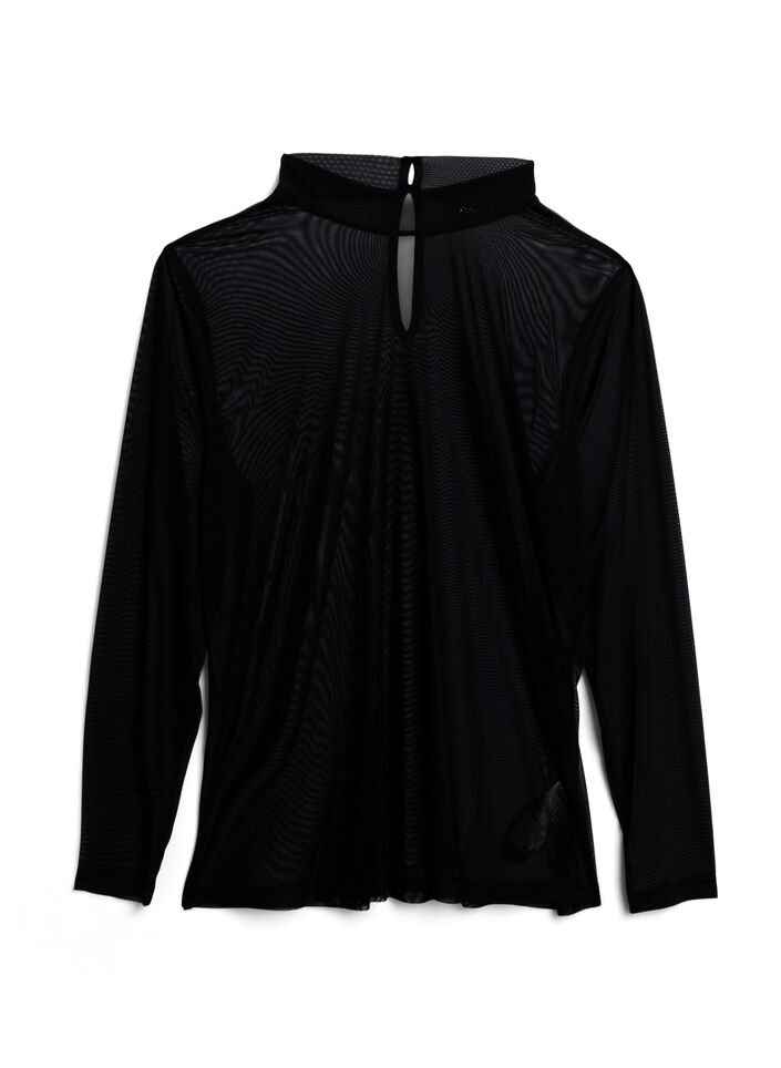 Getailleerde blouse van mesh met lange mouwen, Black, Packshot