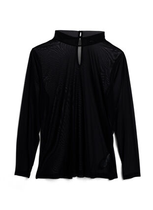ZizziGetailleerde blouse van mesh met lange mouwen, Black, Packshot image number 0