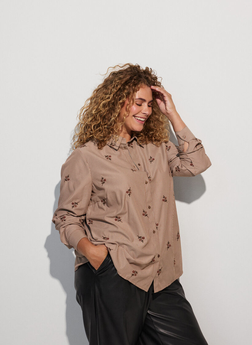 Gestreept shirt met geborduurde bloemen, Bruin, Model image number 0