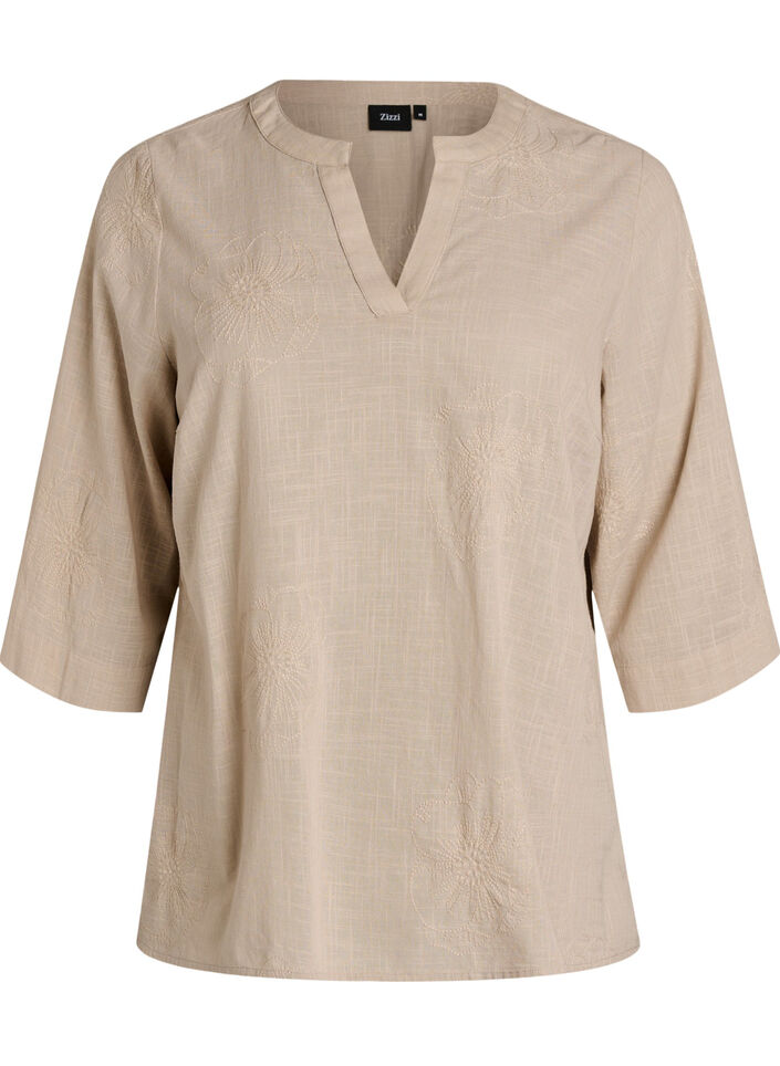 Katoenen blouse met geborduurde details en 3/4 mouwen, Beige, Packshot image number 0