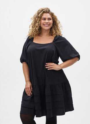 ZizziKorte corduroy jurk met vierkante halslijn, Black, Model image number 0