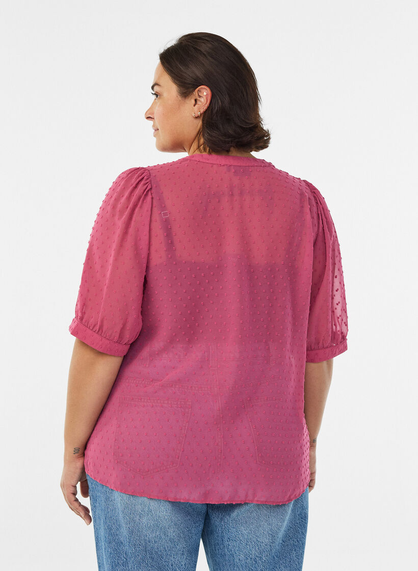 Blouse met korte mouwen en een gestippelde textuur, Roze, Model image number 2