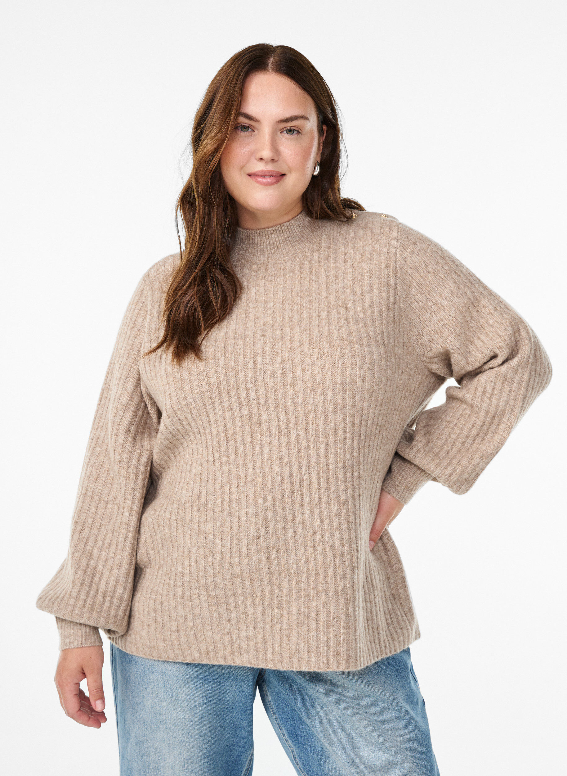 ZizziGeribde trui met pofmouwen en knopen, Beige, Model image number 0