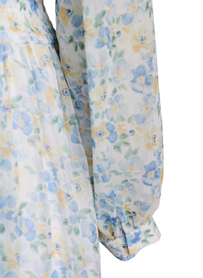 Midi jurk met bloemen, wikkellook en smock, Blauw, Packshot image number 3