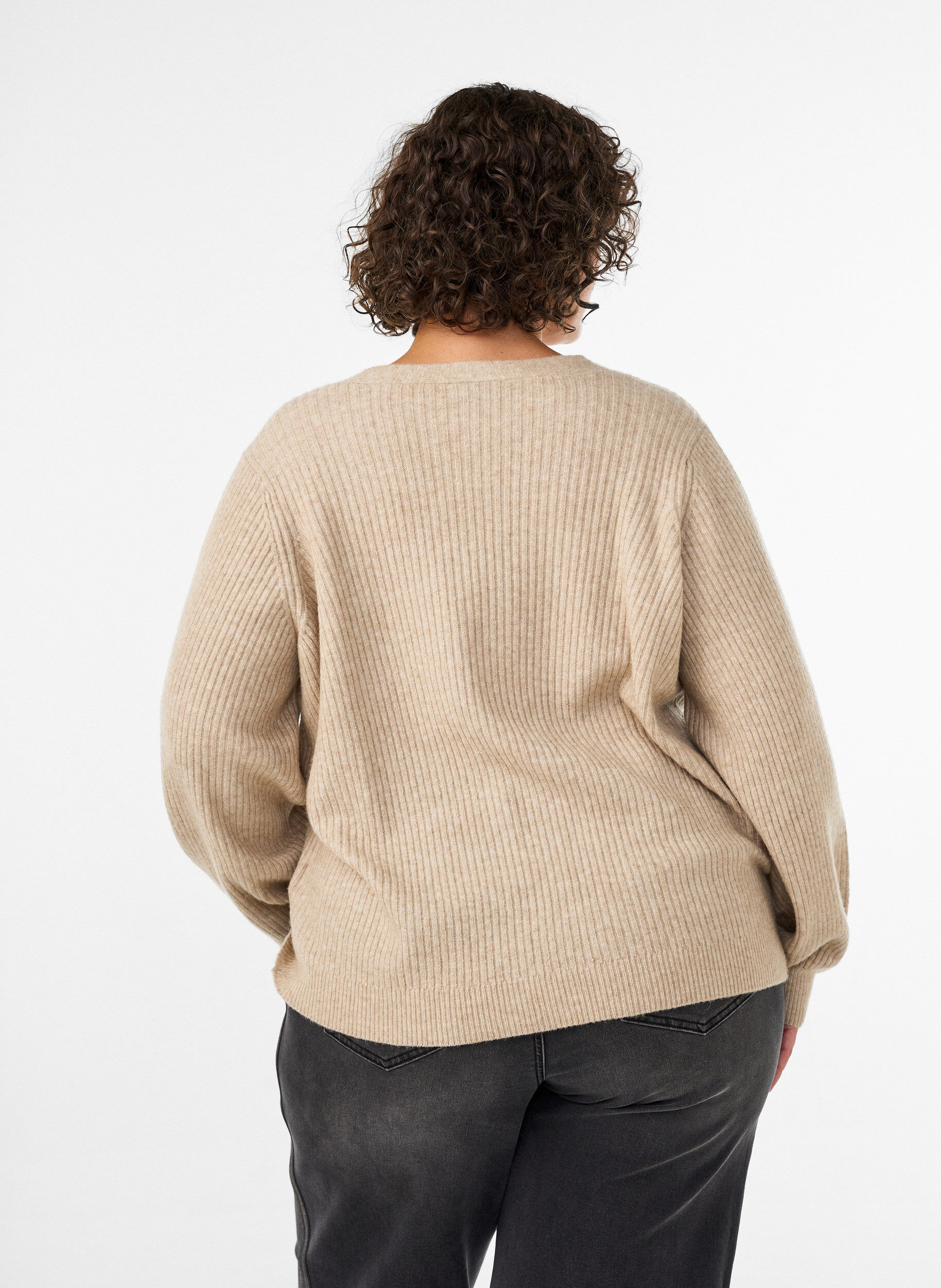 ZizziVest met V-hals en ribstructuur, Beige, Model image number 2
