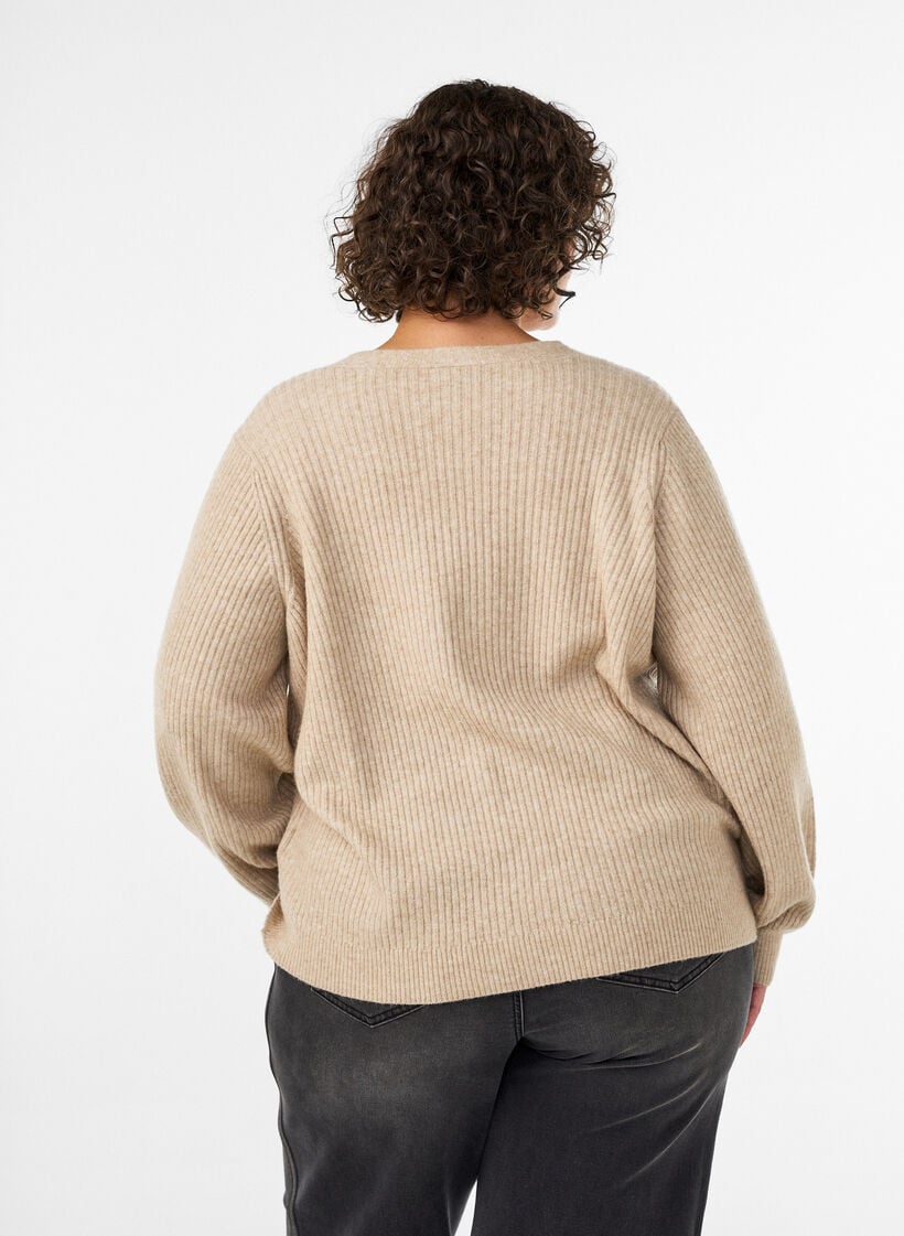Vest met V-hals en ribstructuur, Beige, Model image number 2