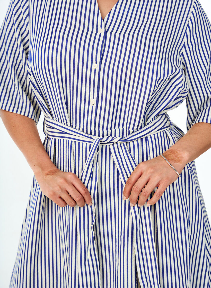 Enkellange overhemdjurk met strikceintuur en strepen, Blauw, Model image number 3