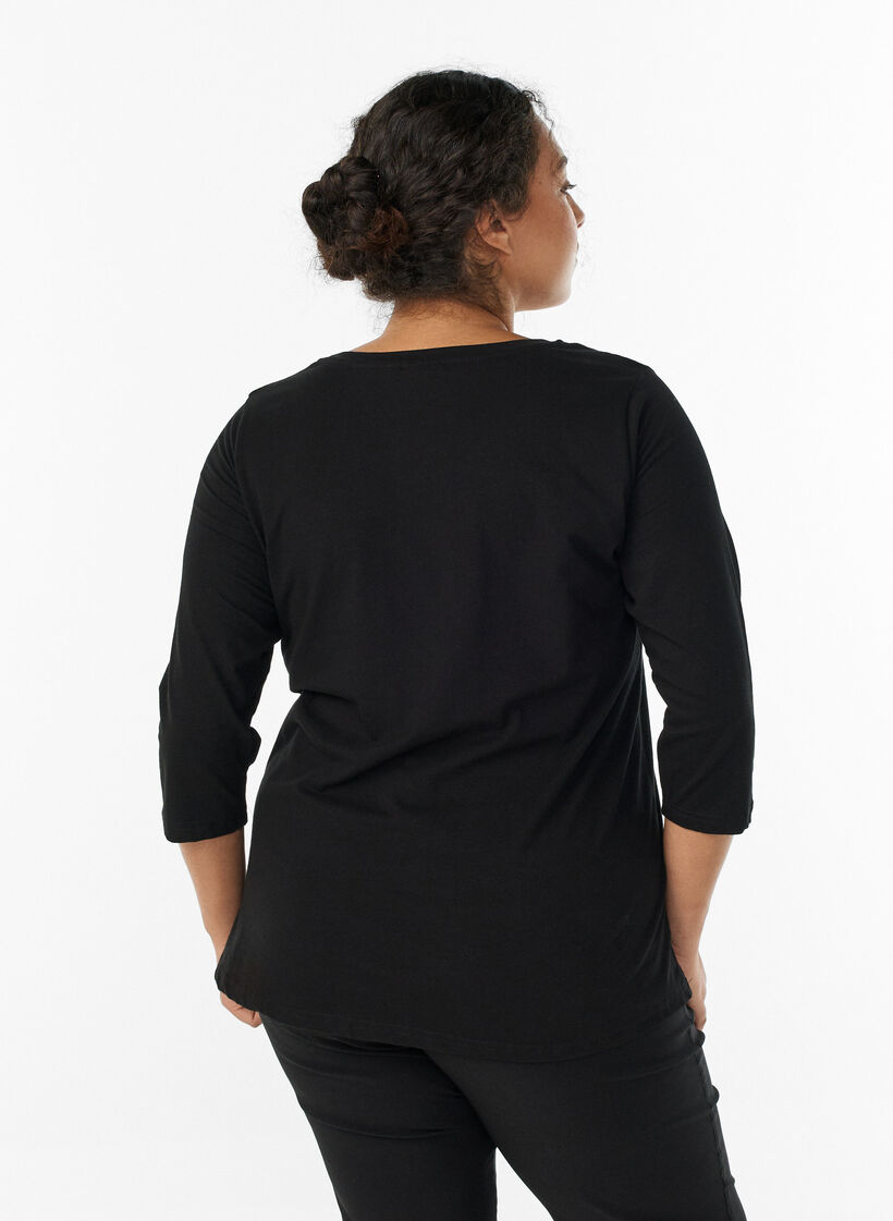 Basic katoenen t-shirt met 3/4 mouwen, Zwart, Model image number 2