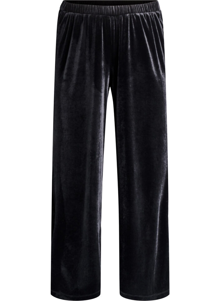Veloursbroek met een high waist en wijde pijpen, Zwart, Packshot