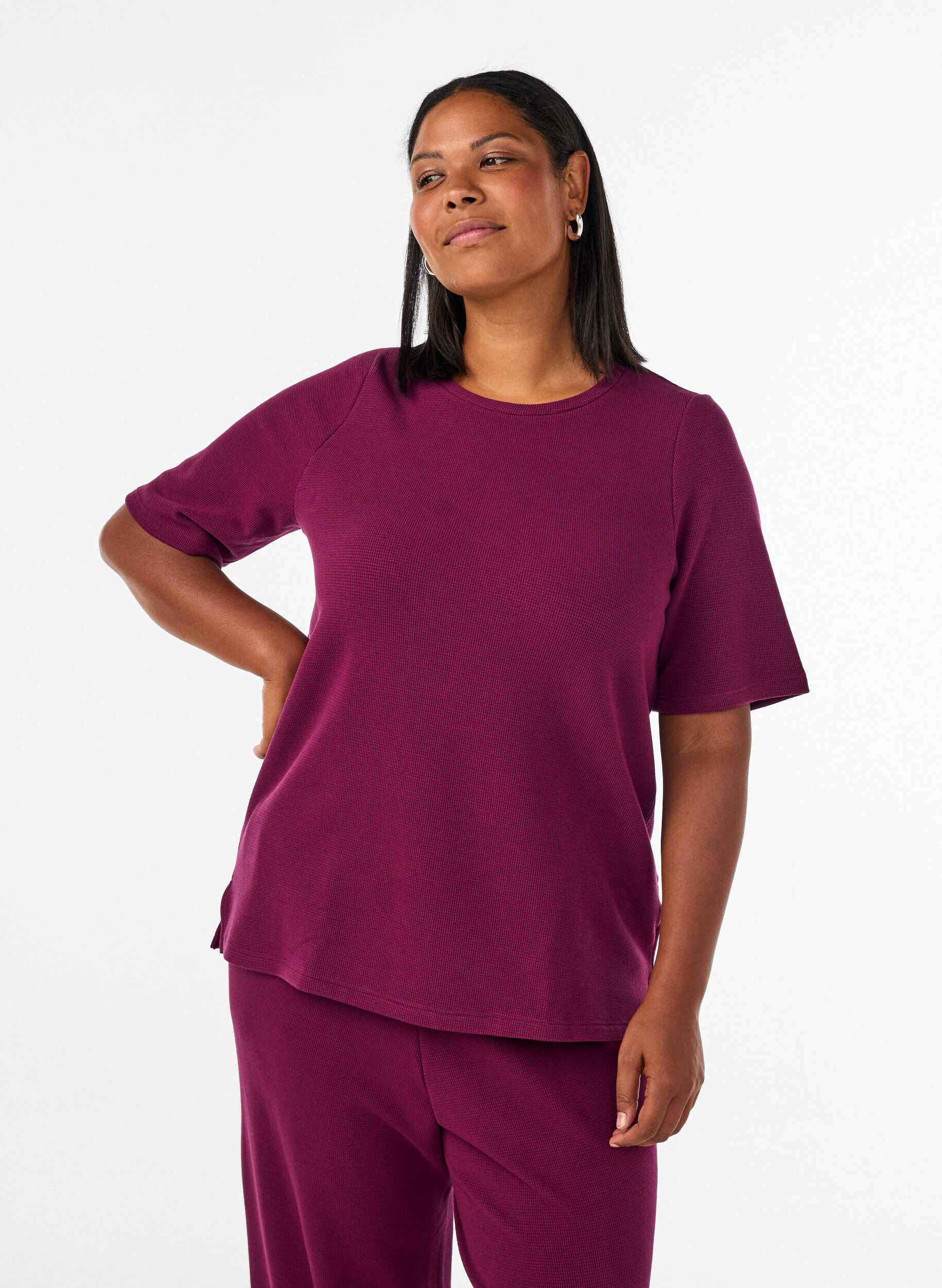 Blouse met een textuur met ellebooglengte mouwen, Rood, Model