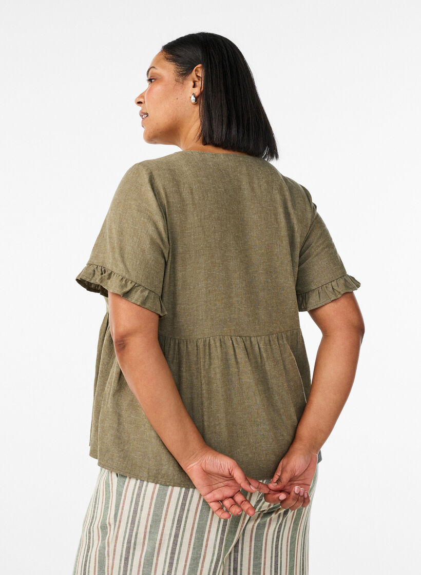 Blouse in linnen en viscose met een V-hals en knoopsluiting, Groen, Model image number 2