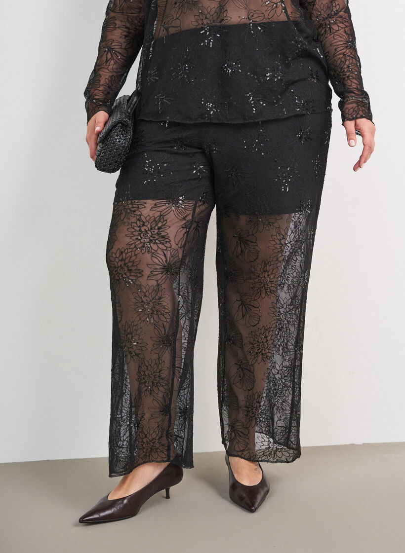 Mesh blouse met bloemen en pailletten, Zwart, Model image number 3